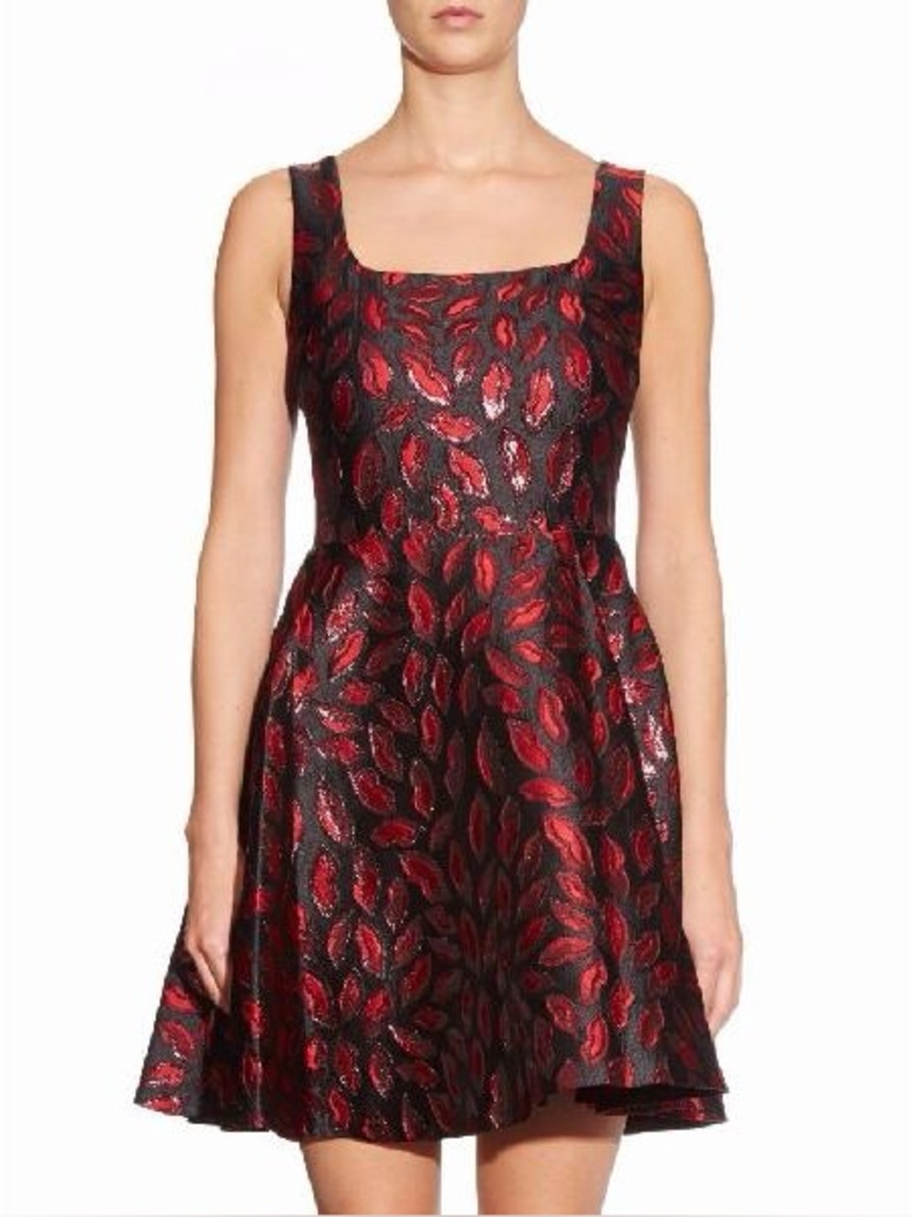 Diane von Furstenberg Minnie Fit and Flare Jaquard Metallic Red Lip Print Dress